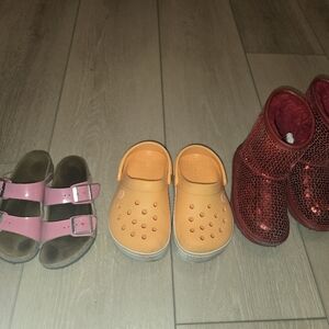 Bierkenstock Kids Pink Sandals, Crocs Orange Clogs, and Ugg Red Boots Size 12